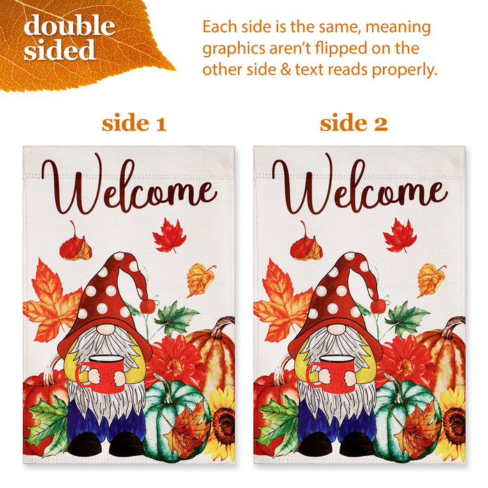 G128 Combo Pack: Garden Flag Stand Black 36 in x 16 in & Garden Flag Fall Decoration Welcome Gnome with Coffee at Harvest 12"x18" Double-Sided Blockout Fabric