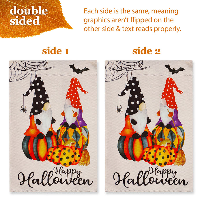 G128 Combo Pack: Garden Flag Stand Black 36 in x 16 in & Garden Flag Happy Halloween Decoration Two Witchy Gnomes 12"x18" Double-Sided Blockout Fabric