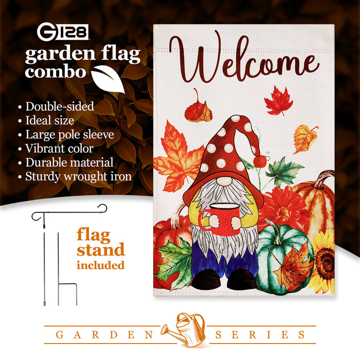 G128 Combo Pack: Garden Flag Stand Black 36 in x 16 in & Garden Flag Fall Decoration Welcome Gnome with Coffee at Harvest 12"x18" Double-Sided Blockout Fabric