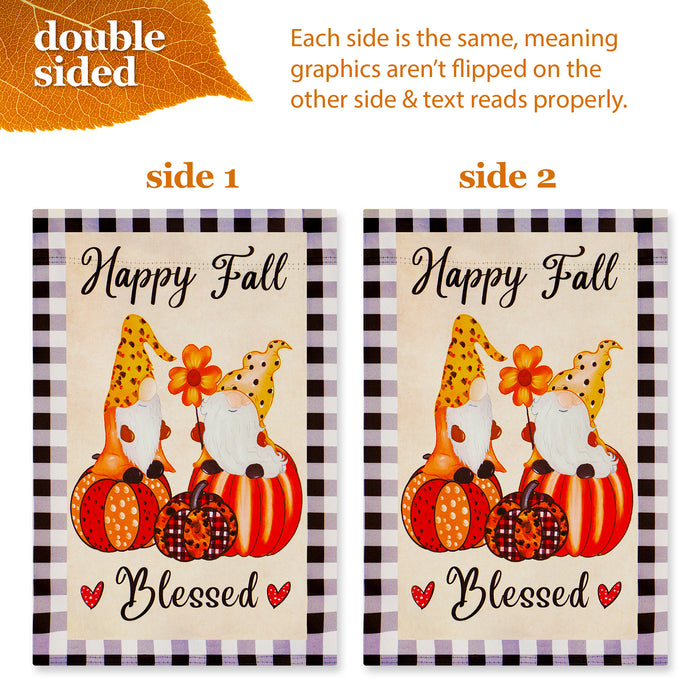 G128 Combo Pack: Garden Flag Stand Black 36 in x 16 in & Garden Flag Fall Decoration Happy Fall Blessed Two Gnomes Sitting on Pumpkins 12"x18" Double-Sided Blockout Fabric