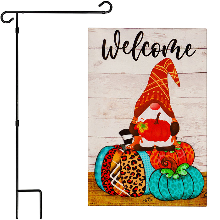 G128 Combo Pack: Garden Flag Stand Black 36 in x 16 in & Garden Flag Fall Decoration Welcome Gnome Sitting on Patterned Pumpkins 12"x18" Double-Sided Blockout Fabric