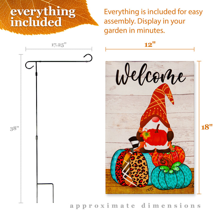 G128 Combo Pack: Garden Flag Stand Black 36 in x 16 in & Garden Flag Fall Decoration Welcome Gnome Sitting on Patterned Pumpkins 12"x18" Double-Sided Blockout Fabric