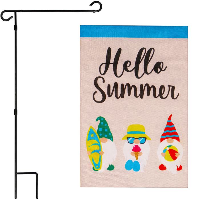 G128 Combo Pack: Garden Flag Stand Black 36 in x 16 in & Garden Flag Hello Summer Decoration Three Beach-Ready Gnomes 12"x18" Double-Sided Burlap Fabric