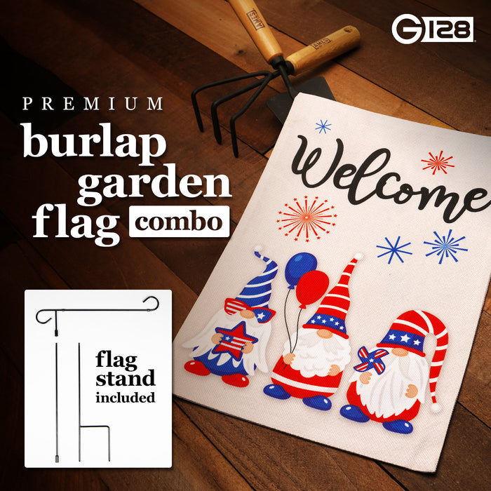 G128 Combo Pack: Garden Flag Stand Black 36 in x 16 in & Garden Flag Patriotic Decoration Welcome Three Gnomes Celebrating 4th of July 12"x18" Double-Sided Burlap Fabric