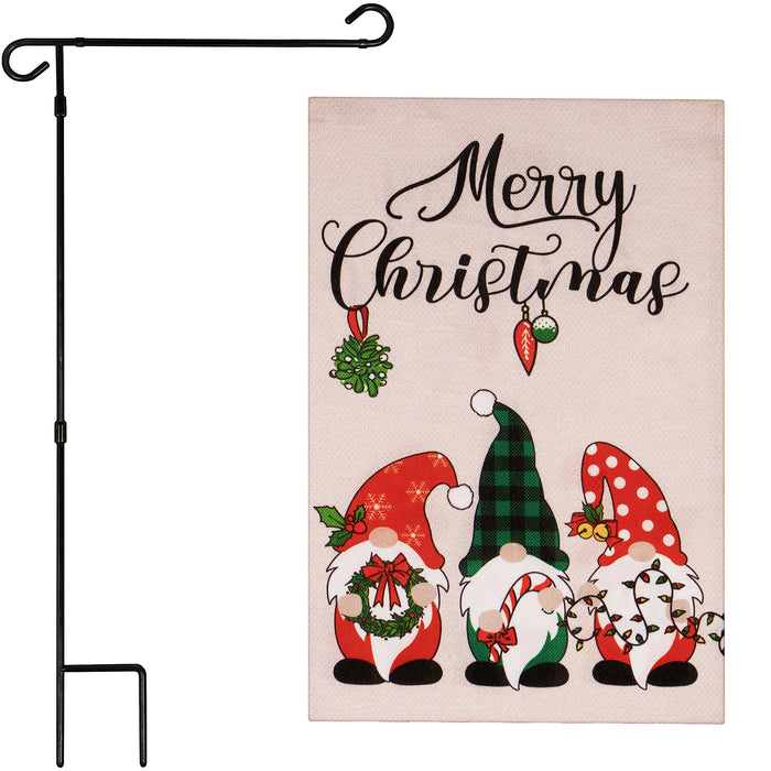 G128 Combo Pack: Garden Flag Stand Black 36 in x 16 in & Garden Flag Merry Christmas Decoration Three Festive Gnomes 12"x18" Double-Sided Burlap Fabric