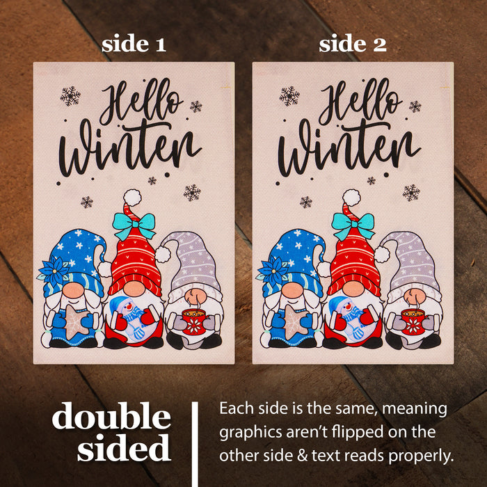 G128 Combo Pack: Garden Flag Stand Black 36 in x 16 in & Garden Flag Hello Winter Decoration Three Cozy Gnomes 12"x18" Double-Sided Burlap Fabric