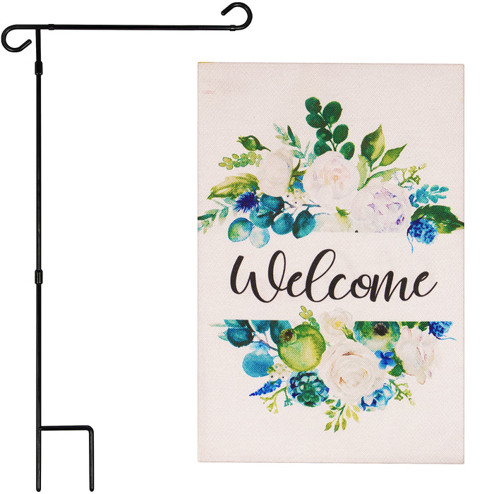 G128 Combo Pack: Garden Flag Stand Black 36 in x 16 in & Garden Flag Everyday Decoration Welcome Elegant Floral Arrangement 12"x18" Double-Sided Burlap Fabric