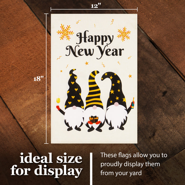 G128 Combo Pack: Garden Flag Stand Black 36 in x 16 in & Garden Flag Happy New Year Decoration Three Celebrating Gnomes 12"x18" Double-Sided Burlap Fabric