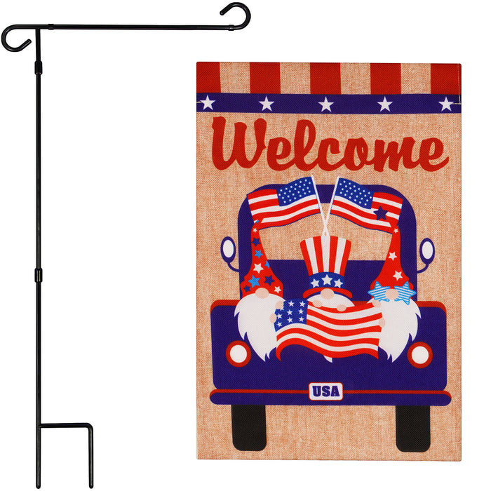 G128 Combo Pack: Garden Flag Stand Black 36 in x 16 in & Garden Flag Patriotic Decoration Welcome Three Gnomes in Patriotic Truck 12"x18" Double-Sided Burlap Fabric