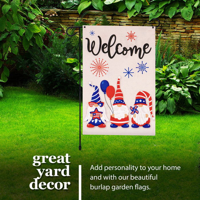 G128 Combo Pack: Garden Flag Stand Black 36 in x 16 in & Garden Flag Patriotic Decoration Welcome Three Gnomes Celebrating 4th of July 12"x18" Double-Sided Burlap Fabric