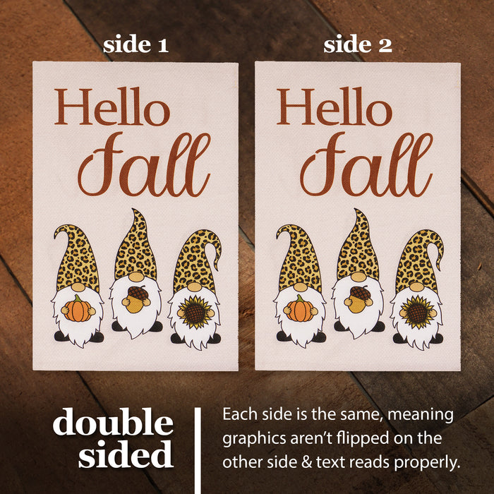G128 Combo Pack: Garden Flag Stand Black 36 in x 16 in & Garden Flag Hello Fall Decoration Three Gnomes with Pumpkin Acorn Sunflower 12"x18" Double-Sided Burlap Fabric