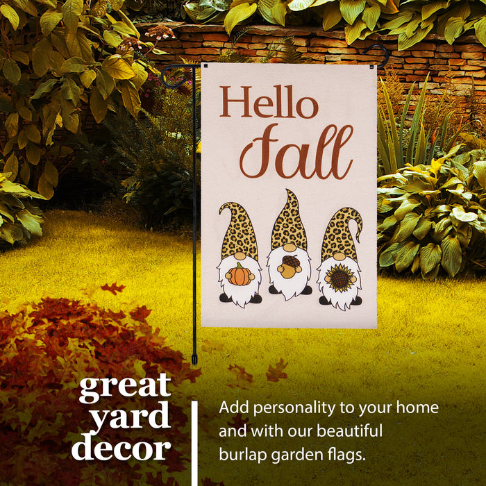 G128 Combo Pack: Garden Flag Stand Black 36 in x 16 in & Garden Flag Hello Fall Decoration Three Gnomes with Pumpkin Acorn Sunflower 12"x18" Double-Sided Burlap Fabric
