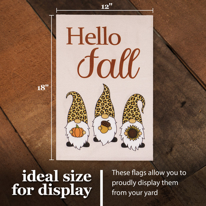 G128 Combo Pack: Garden Flag Stand Black 36 in x 16 in & Garden Flag Hello Fall Decoration Three Gnomes with Pumpkin Acorn Sunflower 12"x18" Double-Sided Burlap Fabric