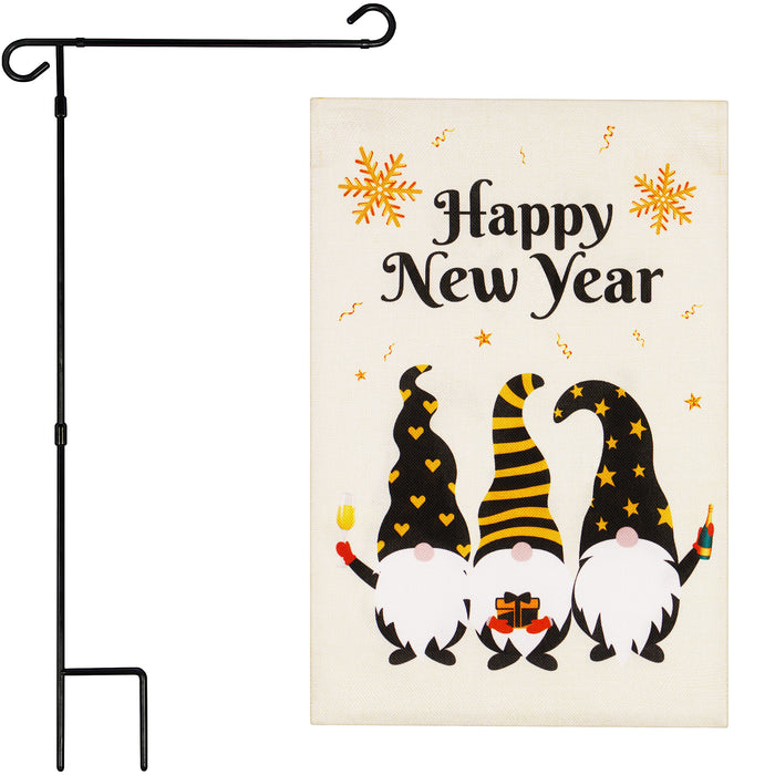 G128 Combo Pack: Garden Flag Stand Black 36 in x 16 in & Garden Flag Happy New Year Decoration Three Celebrating Gnomes 12"x18" Double-Sided Burlap Fabric