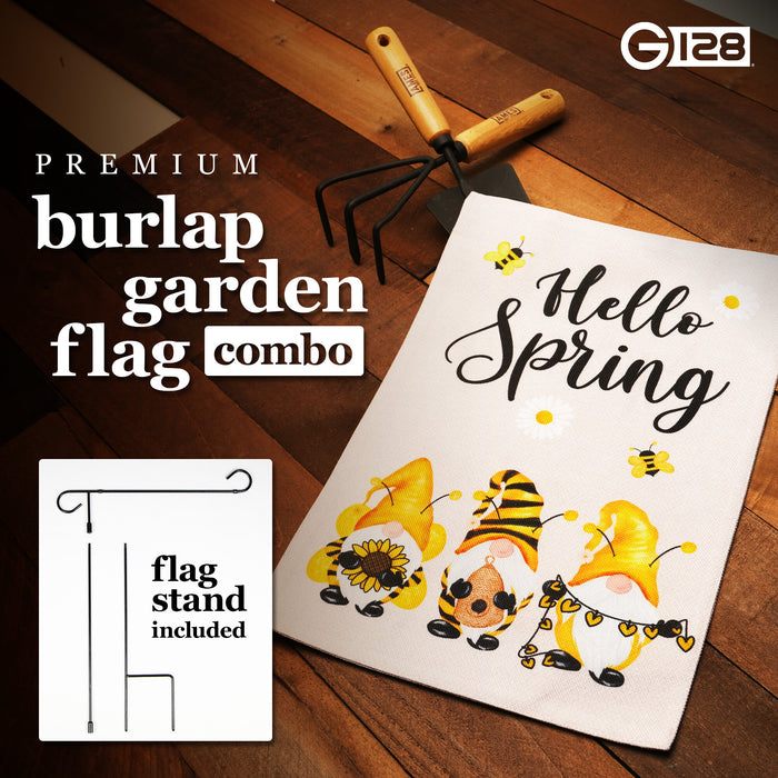 G128 Combo Pack: Garden Flag Stand Black 36 in x 16 in & Garden Flag Hello Spring Decoration Three Bee Gnomes 12"x18" Double-Sided Burlap Fabric