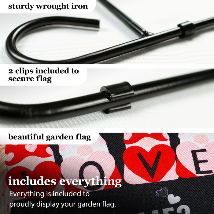 G128 Combo Pack: Garden Flag Stand Black 36 in x 16 in & Garden Flag Happy Valentine's Day Decoration Love Four Gnomes in Truck 12"x18" Double-Sided Burlap Fabric