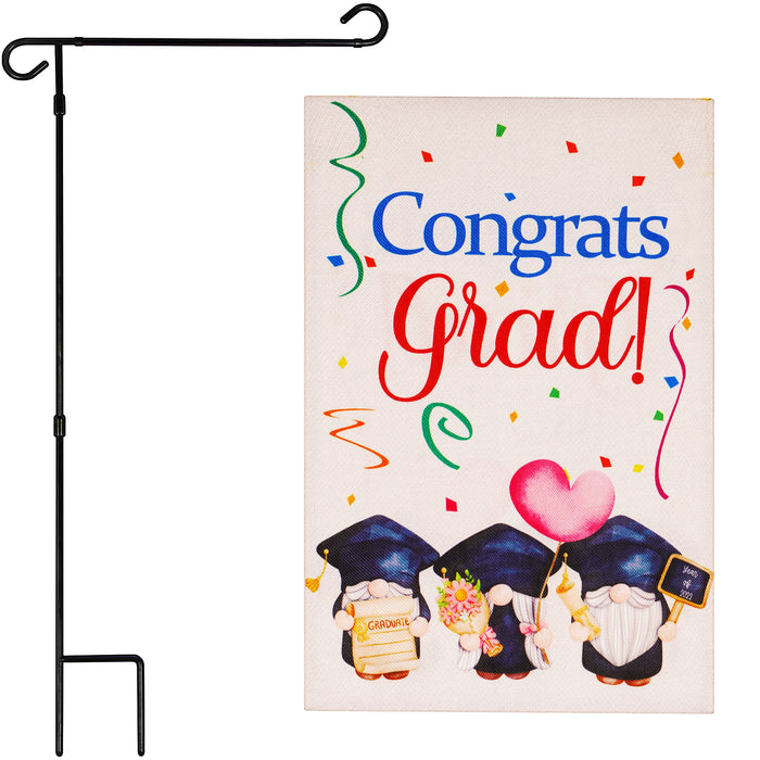 G128 Combo Pack: Garden Flag Stand Black 36 in x 16 in & Garden Flag Congrats Grad Decoration Three Gnomes Graduating 12"x18" Double-Sided Burlap Fabric
