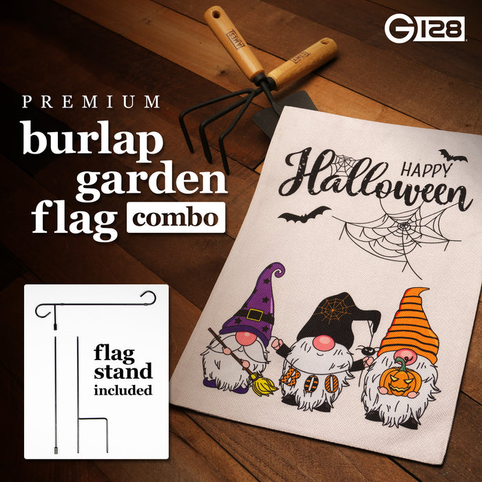 G128 Combo Pack: Garden Flag Stand Black 36 in x 16 in & Garden Flag Happy Halloween Decoration Three Gnomes Spider Web 12"x18" Double-Sided Burlap Fabric
