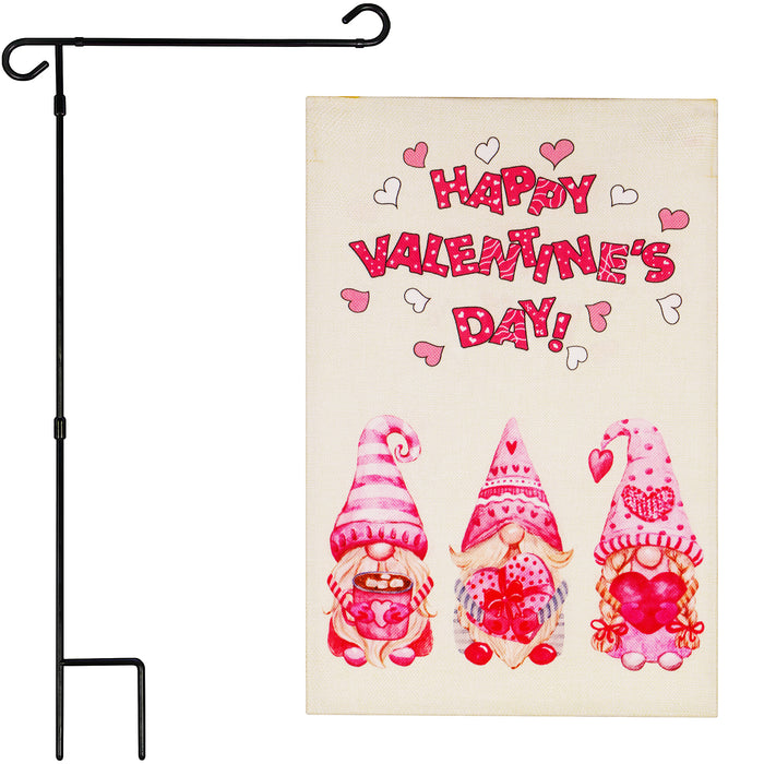 G128 Combo Pack: Garden Flag Stand Black 36 in x 16 in & Garden Flag Happy Valentine's Day Decoration Three Pink Hat Gnomes 12"x18" Double-Sided Burlap Fabric