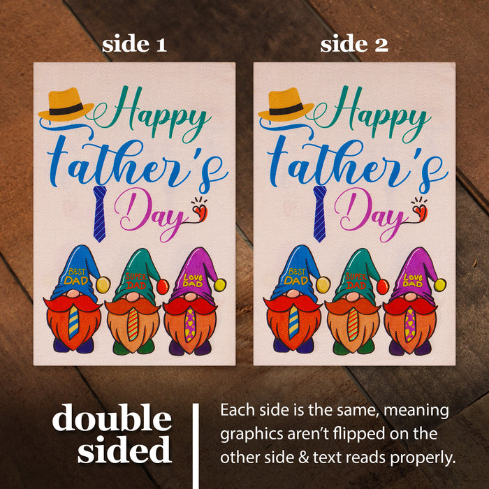 G128 Combo Pack: Garden Flag Stand Black 36 in x 16 in & Garden Flag Happy Father's Day Decoration Three Gnome Fathers 12"x18" Double-Sided Burlap Fabric