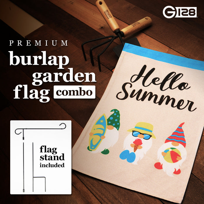 G128 Combo Pack: Garden Flag Stand Black 36 in x 16 in & Garden Flag Hello Summer Decoration Three Beach-Ready Gnomes 12"x18" Double-Sided Burlap Fabric