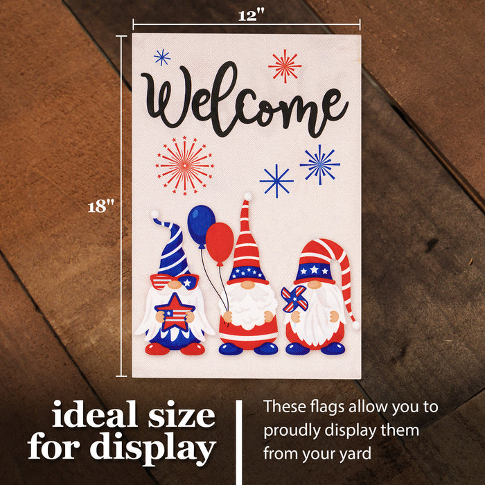 G128 Combo Pack: Garden Flag Stand Black 36 in x 16 in & Garden Flag Patriotic Decoration Welcome Three Gnomes Celebrating 4th of July 12"x18" Double-Sided Burlap Fabric