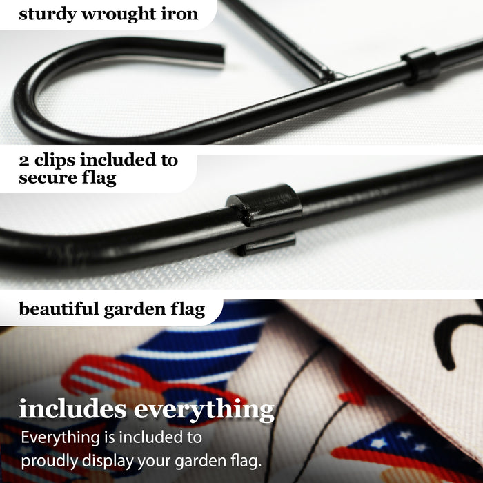 G128 Combo Pack: Garden Flag Stand Black 36 in x 16 in & Garden Flag Patriotic Decoration Welcome Three Gnomes Celebrating 4th of July 12"x18" Double-Sided Burlap Fabric