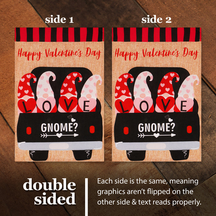 G128 Combo Pack: Garden Flag Stand Black 36 in x 16 in & Garden Flag Happy Valentine's Day Decoration Love Four Gnomes in Truck 12"x18" Double-Sided Burlap Fabric