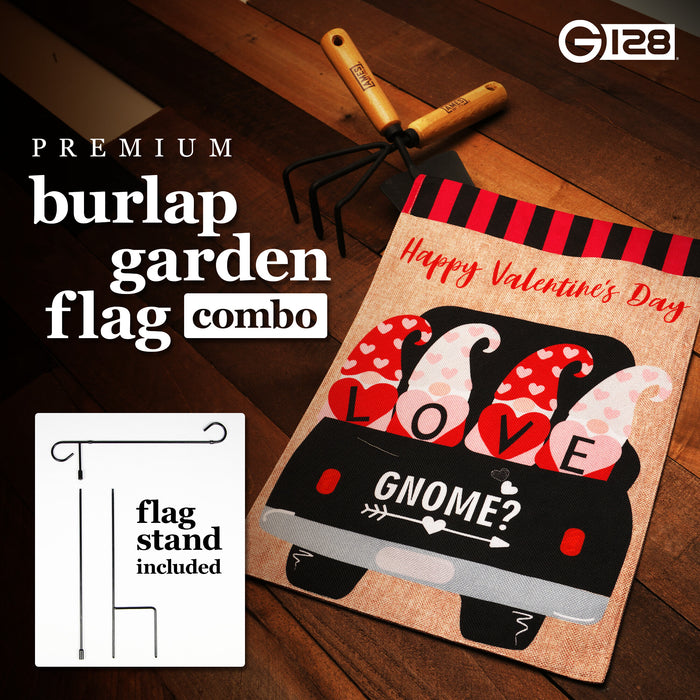 G128 Combo Pack: Garden Flag Stand Black 36 in x 16 in & Garden Flag Happy Valentine's Day Decoration Love Four Gnomes in Truck 12"x18" Double-Sided Burlap Fabric