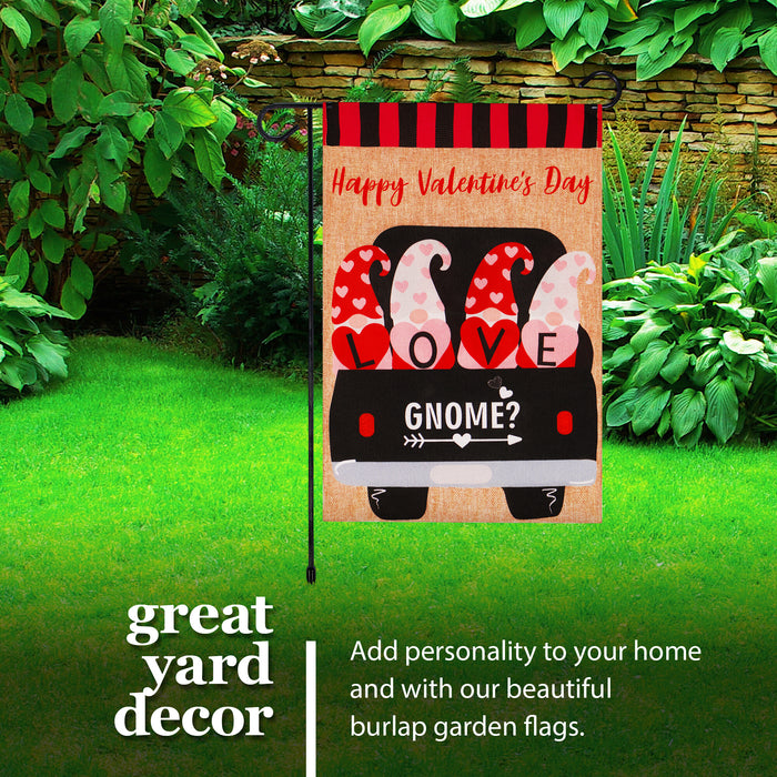 G128 Combo Pack: Garden Flag Stand Black 36 in x 16 in & Garden Flag Happy Valentine's Day Decoration Love Four Gnomes in Truck 12"x18" Double-Sided Burlap Fabric