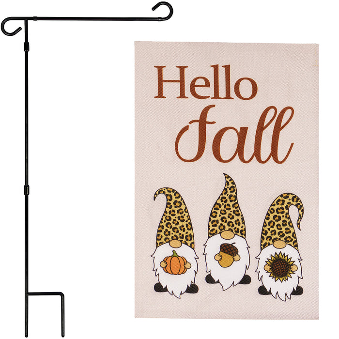 G128 Combo Pack: Garden Flag Stand Black 36 in x 16 in & Garden Flag Hello Fall Decoration Three Gnomes with Pumpkin Acorn Sunflower 12"x18" Double-Sided Burlap Fabric