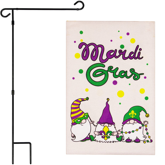 G128 Combo Pack: Garden Flag Stand Black 36 in x 16 in & Garden Flag Mardi Gras Decoration Three Gnomes 12"x18" Double-Sided Burlap Fabric