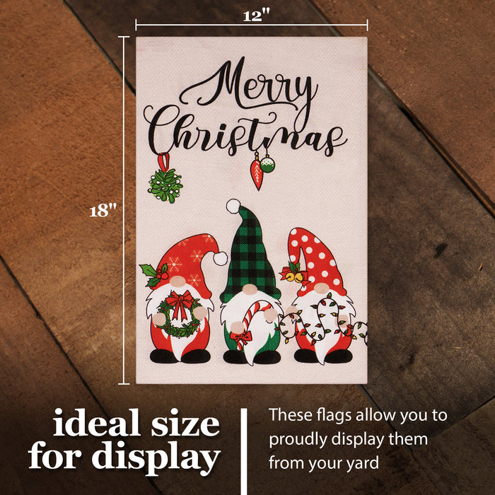 G128 Combo Pack: Garden Flag Stand Black 36 in x 16 in & Garden Flag Merry Christmas Decoration Three Festive Gnomes 12"x18" Double-Sided Burlap Fabric