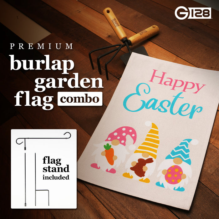 G128 Combo Pack: Garden Flag Stand Black 36 in x 16 in & Garden Flag Happy Easter Decoration Three Gnomes with Carrot Chocolate Bunny Egg 12"x18" Double-Sided Burlap Fabric