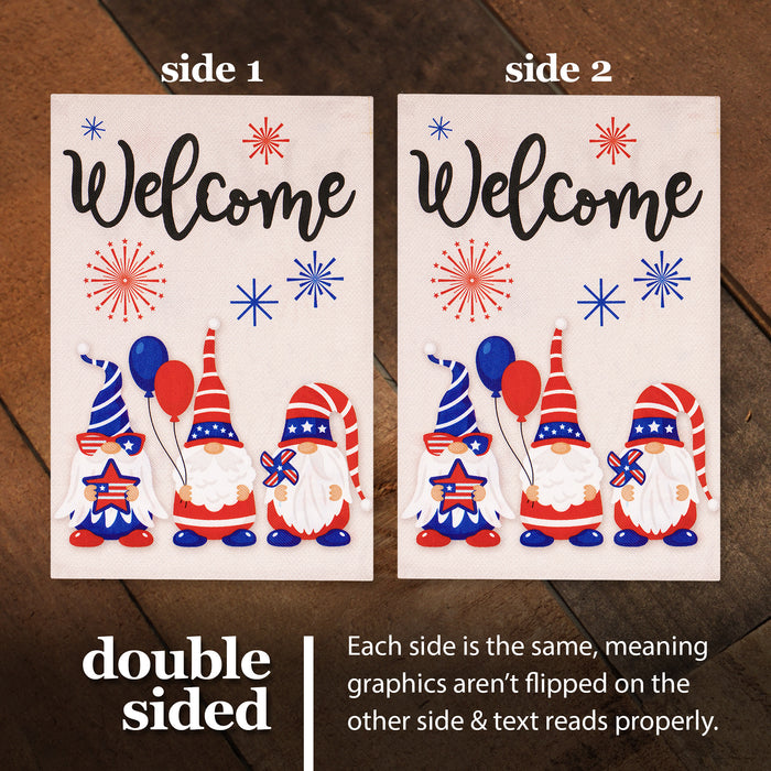 G128 Combo Pack: Garden Flag Stand Black 36 in x 16 in & Garden Flag Patriotic Decoration Welcome Three Gnomes Celebrating 4th of July 12"x18" Double-Sided Burlap Fabric