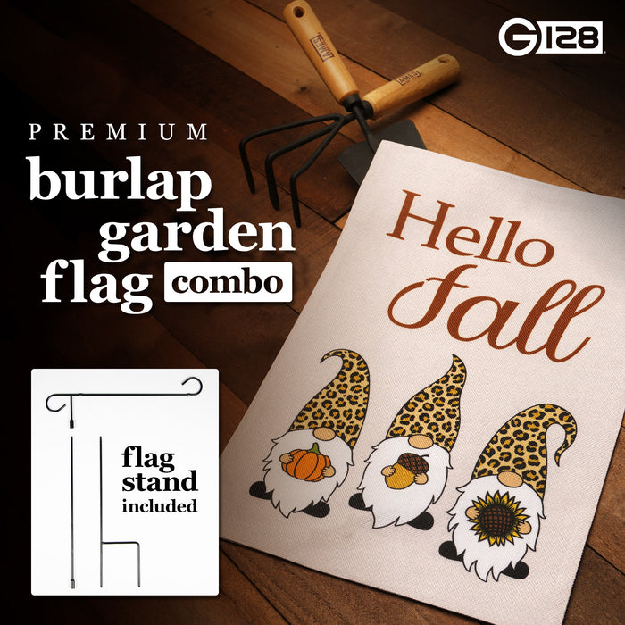 G128 Combo Pack: Garden Flag Stand Black 36 in x 16 in & Garden Flag Hello Fall Decoration Three Gnomes with Pumpkin Acorn Sunflower 12"x18" Double-Sided Burlap Fabric