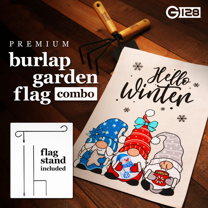 G128 Combo Pack: Garden Flag Stand Black 36 in x 16 in & Garden Flag Hello Winter Decoration Three Cozy Gnomes 12"x18" Double-Sided Burlap Fabric