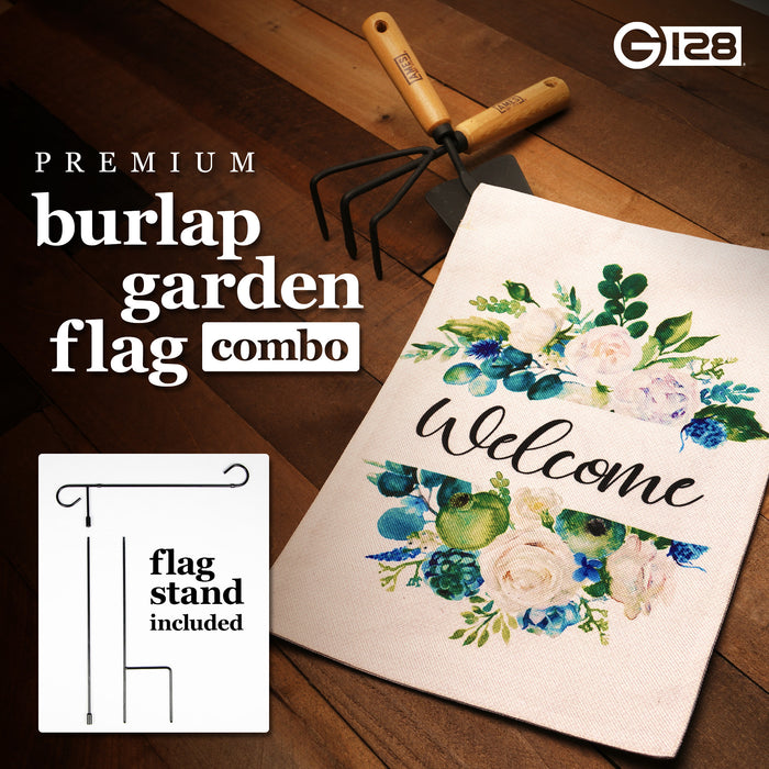 G128 Combo Pack: Garden Flag Stand Black 36 in x 16 in & Garden Flag Everyday Decoration Welcome Elegant Floral Arrangement 12"x18" Double-Sided Burlap Fabric