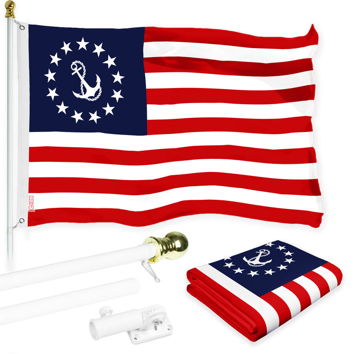 G128 Combo Pack: 6 Ft Tangle Free Aluminum Spinning Flagpole (White) & American USA Yacht Ensign Flag 3x5 Ft, LiteWeave Pro Series Printed 150D Polyester | Pole with Flag Included