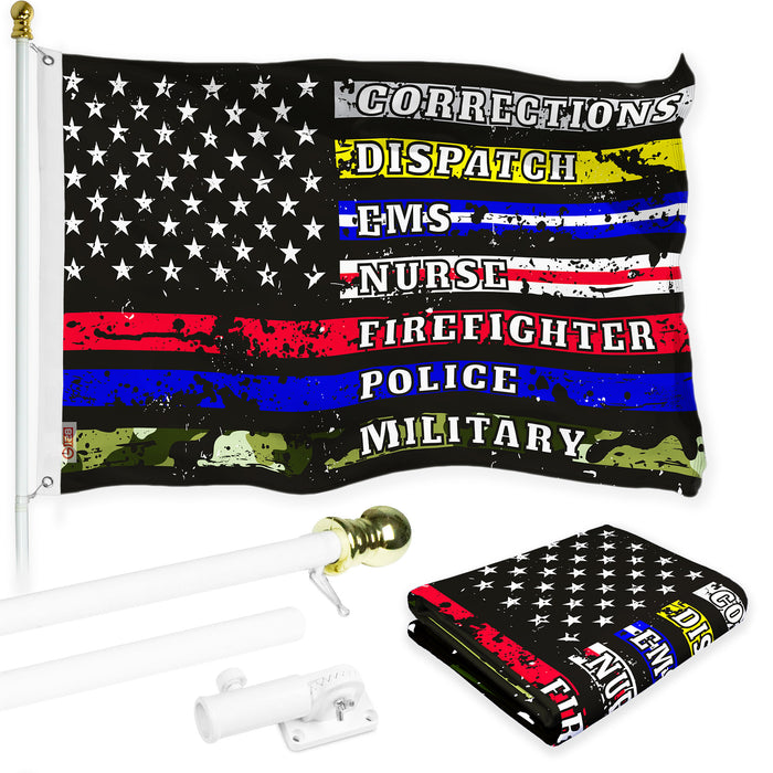 G128 Combo Pack: 6 Ft Tangle Free Aluminum Spinning Flagpole (White) & Thin Line First Responders American Flag 3x5 Ft, LiteWeave Pro Series Printed 150D Polyester | Pole with Flag Included