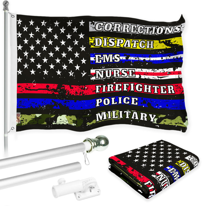 G128 Combo Pack: 6 Ft Tangle Free Aluminum Spinning Flagpole (Silver) & Thin Line First Responders American Flag 3x5 Ft, LiteWeave Pro Series Printed 150D Polyester | Pole with Flag Included