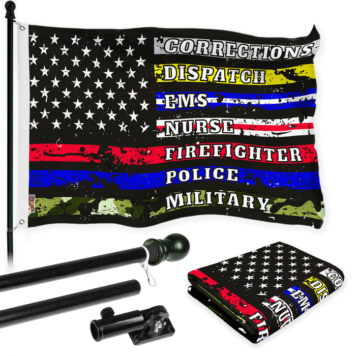 G128 Combo Pack: 6 Ft Tangle Free Aluminum Spinning Flagpole (Black) & Thin Line First Responders American Flag 3x5 Ft, LiteWeave Pro Series Printed 150D Polyester | Pole with Flag Included