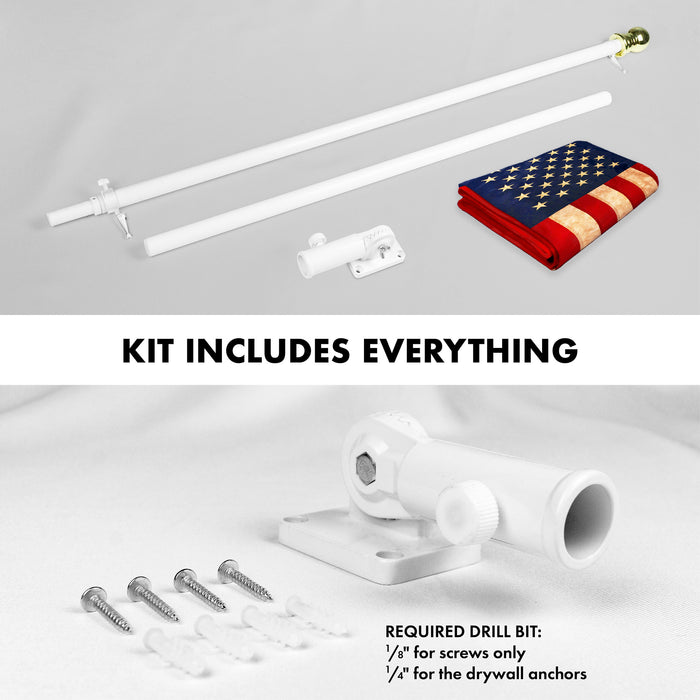 G128 Combo Pack: 6 Ft Tangle Free Aluminum Spinning Flagpole (White) & USA Tea-Stained Flag 3x5 Ft, ToughWeave Pro Series Embroidered 420D Polyester | Pole with Flag Included
