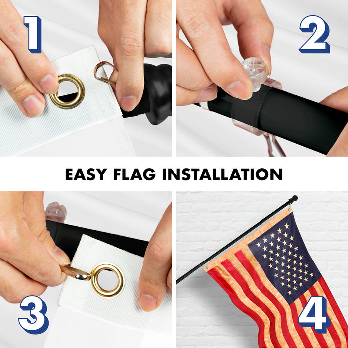 G128 Combo Pack: 5 Ft Tangle Free Aluminum Spinning Flagpole (Black) & USA Tea-Stained Flag 2x3 Ft, ToughWeave Pro Series Embroidered 420D Polyester | Pole with Flag Included