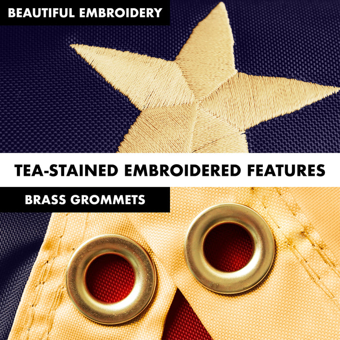 G128 Combo Pack: 5 Ft Tangle Free Aluminum Spinning Flagpole (Silver) & Betsy Ross Tea-Stained Flag 2x3 Ft, ToughWeave Pro Series Embroidered 420D Polyester | Pole with Flag Included