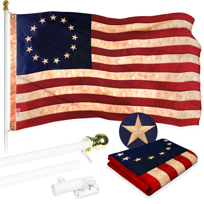 G128 Combo Pack: 5 Ft Tangle Free Aluminum Spinning Flagpole (White) & Betsy Ross Tea-Stained Flag 2.5x4 Ft, ToughWeave Pro Series Embroidered 420D Polyester | Pole with Flag Included