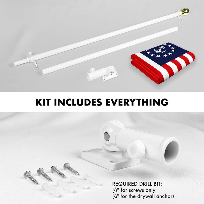 G128 Combo Pack: 6 Ft Tangle Free Aluminum Spinning Flagpole (White) & American USA Yacht Ensign Flag 3x5 Ft, LiteWeave Pro Series Printed 150D Polyester | Pole with Flag Included