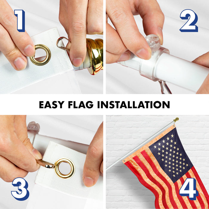 G128 Combo Pack: 5 Ft Tangle Free Aluminum Spinning Flagpole (White) & USA Tea-Stained Flag 2.5x4 Ft, ToughWeave Pro Series Embroidered 420D Polyester | Pole with Flag Included