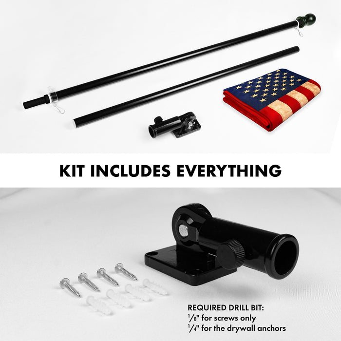 G128 Combo Pack: 5 Ft Tangle Free Aluminum Spinning Flagpole (Black) & USA Tea-Stained Flag 2.5x4 Ft, ToughWeave Pro Series Embroidered 420D Polyester | Pole with Flag Included