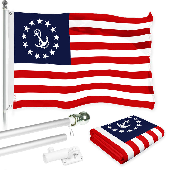 G128 Combo Pack: 6 Ft Tangle Free Aluminum Spinning Flagpole (Silver) & American USA Yacht Ensign Flag 3x5 Ft, LiteWeave Pro Series Printed 150D Polyester | Pole with Flag Included